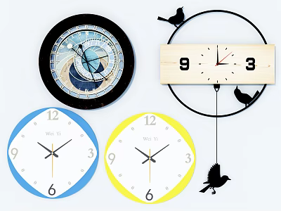 Various Designed Clocks With Colorful Frames Wooden Panel And Bird Decorations 3d model