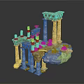 Ancient Architectural Ruins With Tall Columns On Floating Rock Platform And Green Plants
