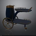 Navy Blue Two Tier Serving Cart With Gold Accents And Decorative Wheels