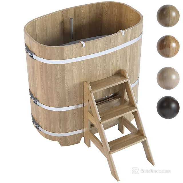Natural Wooden Bathtub With Matching Wooden Ladder And White Accent Strips 3d model 