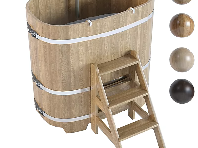 Natural Wooden Bathtub With Matching Wooden Ladder And White Accent Strips 3d model