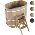 Natural Wooden Bathtub With Matching Wooden Ladder And White Accent Strips