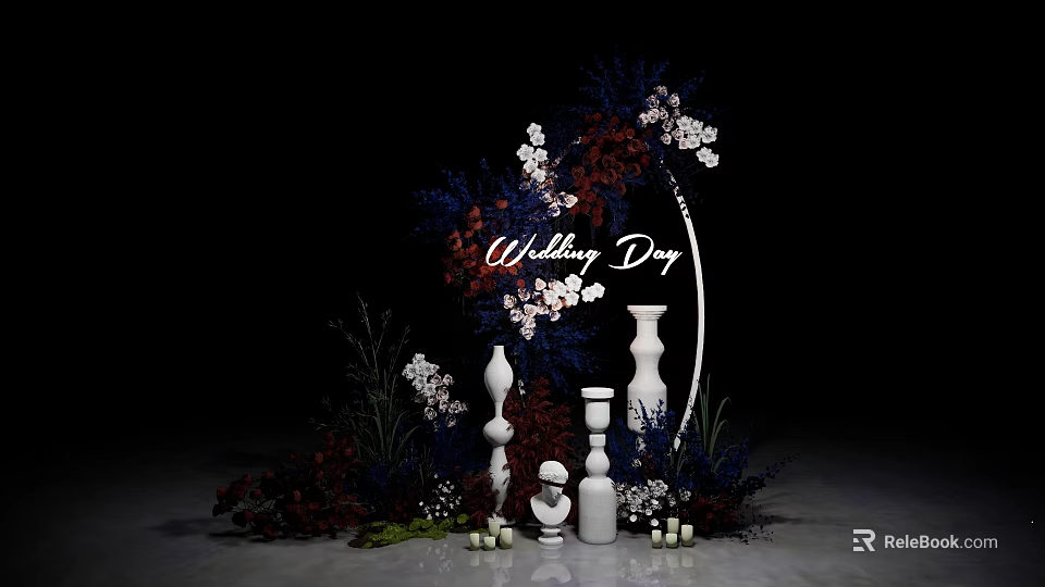 Wedding Day Decor Setup With Floral Arrangement White Pillars And Candles 3d model 