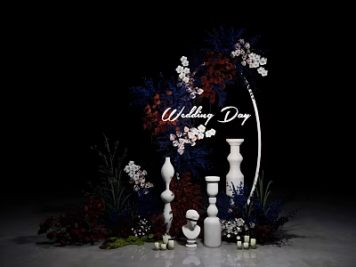 Wedding Day Decor Setup With Floral Arrangement White Pillars And Candles 3d model