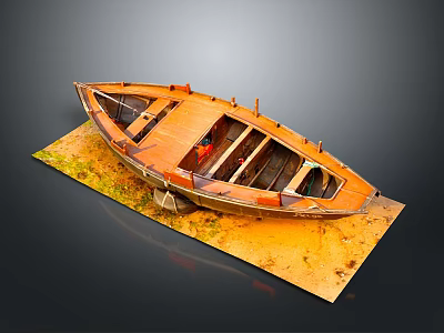 Old Weathered Wooden Boat Displayed On Mossy Earthy Platform With Dark Background 3d model
