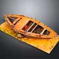 Old Weathered Wooden Boat Displayed On Mossy Earthy Platform With Dark Background
