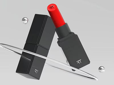 Red Lipstick In Black Case Cosmetic With Silver Rings And Spheres 3d model