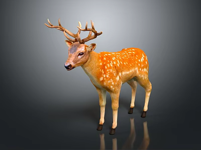 Realistic 3D Deer Model with Orange Fur White Spots and Antlers on Dark Background 3d model