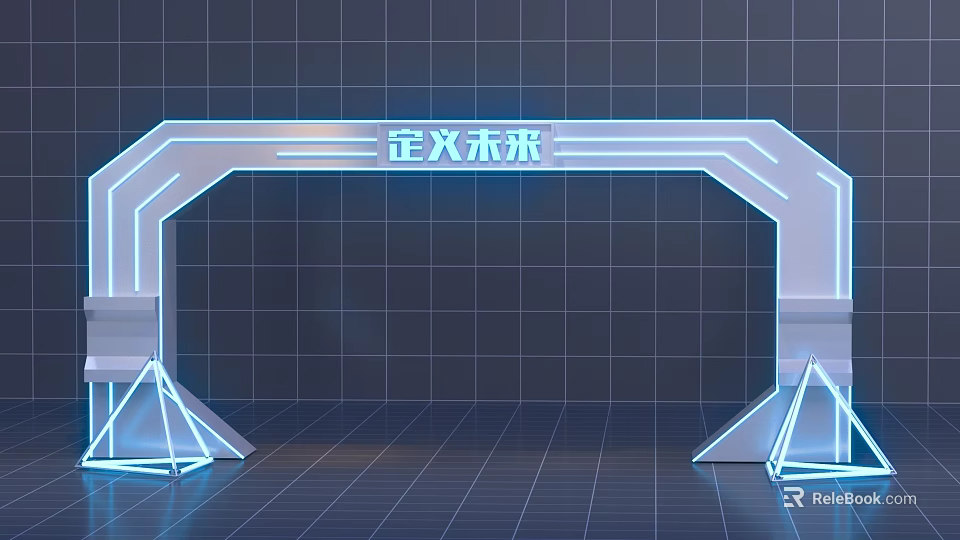 Modern Archway With Neon Lights Futuristic Design Dark Grid Wall And Triangular Supports 3d model 