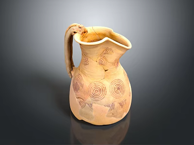 Ancient Handcrafted Clay Pitcher With Decorative Spiral Patterns And Curved Handle 3d model