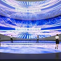Futuristic Tech Exhibition With Blue Large Screen People Interaction And Dynamic Light Effects 3d model