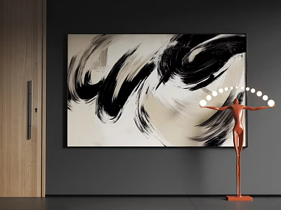 Abstract Painting With Black White Brushstrokes On Gray Wall And Red Sculpture Lighting 3d model
