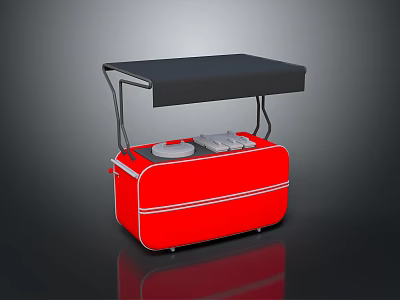 Red Mobile Food Serving Cart With Black Canopy And Dual Round Heating Plates 3d model