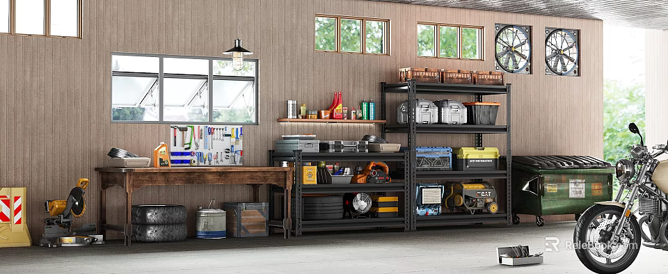 Organized Garage Interior Design with Storage Shelves Tools Bins and Natural Light 3d model 
