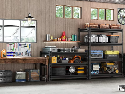 Organized Garage Interior Design with Storage Shelves Tools Bins and Natural Light 3d model