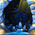 Cave Interior With Blue Rock Formations Yellow Light Beam Sparkling Particles And Water Pool