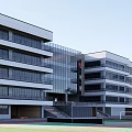 Modern School Campus Building With Glass Facade Greenery And Entrance Steps