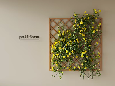 Wall Mounted Wooden Lattice Flower Trellis with Yellow Flowers and Green Vines 3d model