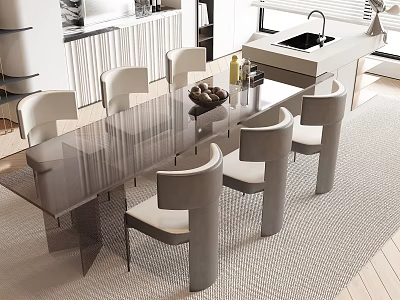 Modern Minimalist Dining Table Set With Six Gray Chairs And Sleek Surface 3d model