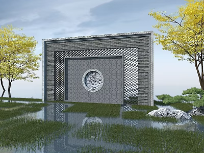 Brick Garden Wall With Lattice Design Circular Ornament Yellow Trees And Water Reflection 3d model
