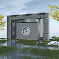 Brick Garden Wall With Lattice Design Circular Ornament Yellow Trees And Water Reflection