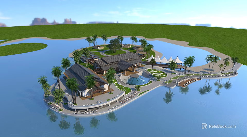 Tropical Island Resort With Palm Trees Swimming Pool And Waterfront Facilities 3d model 