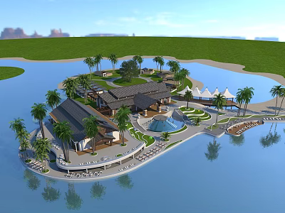 Tropical Island Resort With Palm Trees Swimming Pool And Waterfront Facilities 3d model