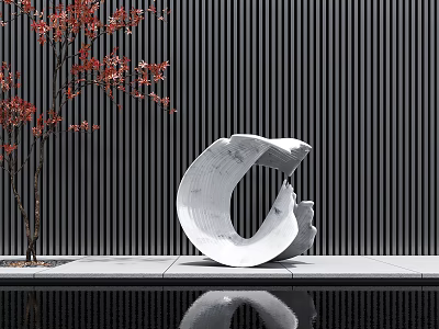 Modern White Circular Sculpture With Red Maple Tree Dark Vertical Stripe Background And Water Reflection 3d model