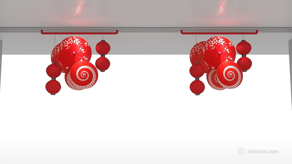 Multiple Red Lanterns With Spiral Patterns Hanging From Ceiling For Decoration 3d model