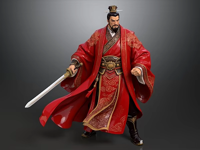 Ancient Man In Red Traditional Robe With Gold Patterns Wearing Crown Holding Long Sword 3d model