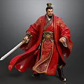 Ancient Man In Red Traditional Robe With Gold Patterns Wearing Crown Holding Long Sword