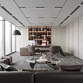 Modern Office Interior With Large Windows Sofa Area Wooden Desk And Green Plant