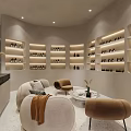 Modern Beauty Hair Salon Interior With Reception Desk Product Shelves Green Plant And Soft Lighting