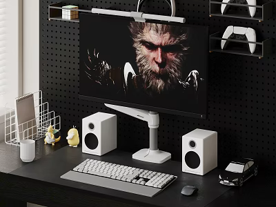 Modern Gaming Desktop Setup Featuring Monitor Keyboard Mouse Speakers Pegboard Background And Game Controllers 3d model