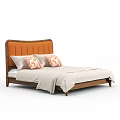 Double Bed With Orange Upholstered Headboard Patterned Pillows And Wooden Frame 3d model