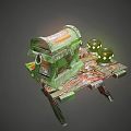Ancient Green Treasure Chest With Lit White Candles And Green Cups On Wooden Platform