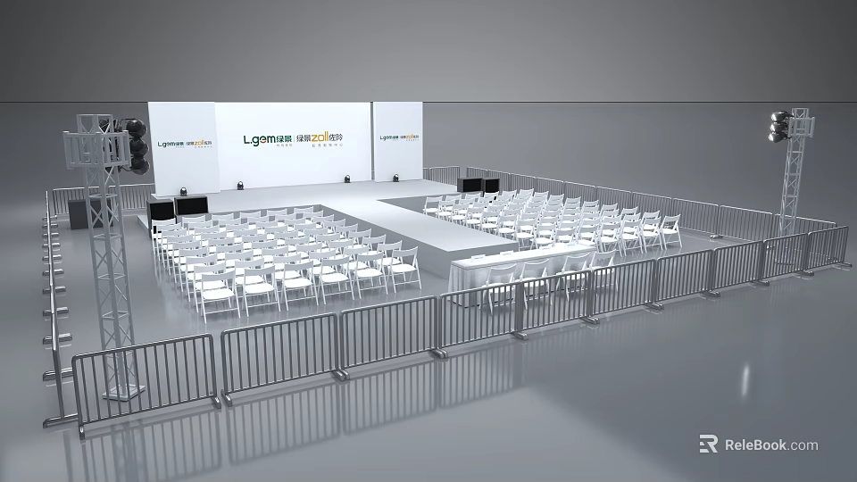 Modern Runway Show Stage With White Audience Chairs And Backdrop Setup 3d model