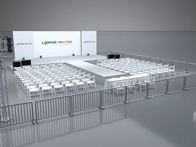 Modern Runway Show Stage With White Audience Chairs And Backdrop Setup 3d model