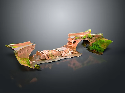 Broken Red Brick Bridge With Collapsed Arch Sections And Green Plants Reflection 3d model