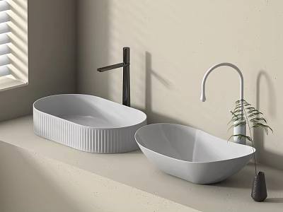 Two Oval Ceramic Washbasins With Modern Faucets And Green Plant On Minimalist Countertop 3d model