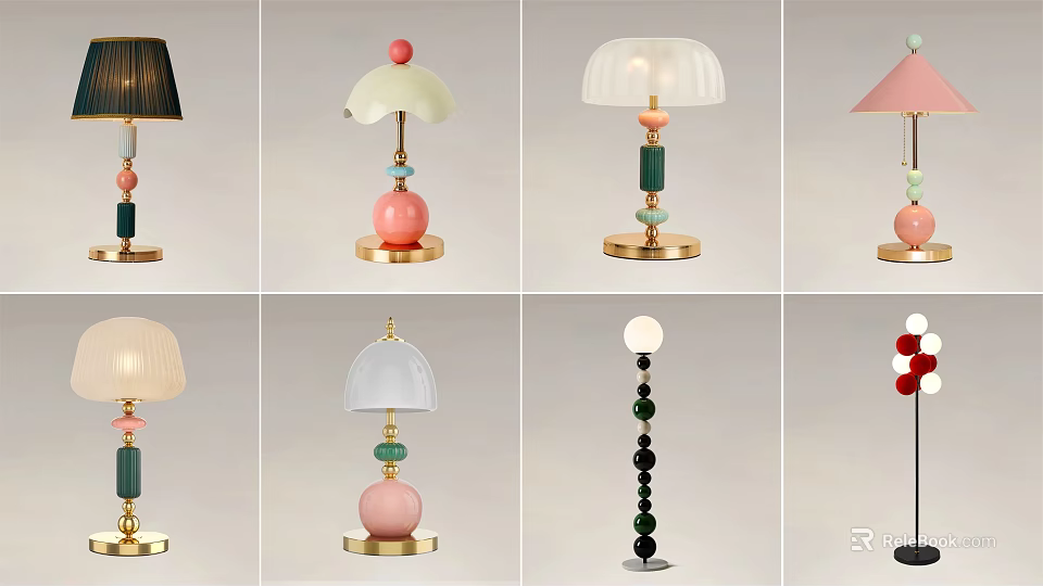 Modern Table Lamps with Colorful Bead Decorations Gold Bases and Various Shaped Lampshades 3d model 