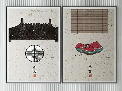 Traditional Chinese Decorative Posters With Zither Circular Window Watermelon Slices And Bamboo Blind 3d model