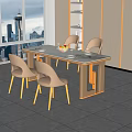 Modern Dining Table Set with Beige Chairs Marble Top Gold Legs and City View