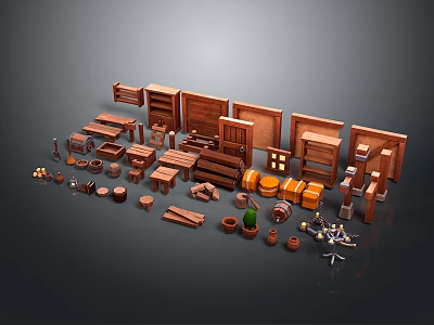 Wooden Furniture Components Display With Shelves Cabinets Tables And Decorative Parts 3d model