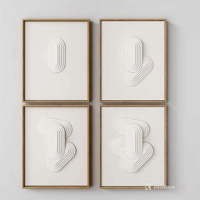 Four White Abstract Line Paintings With Golden Frames For Wall Decor 3d model