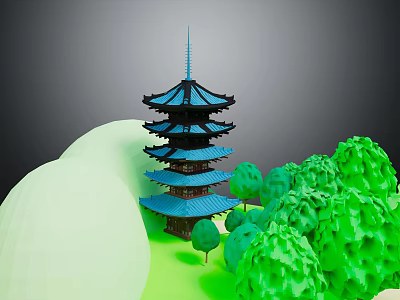 Multi Tiered Blue Roof Pagoda Structure Surrounded By Green Trees And Hills 3d model