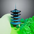 Multi Tiered Blue Roof Pagoda Structure Surrounded By Green Trees And Hills