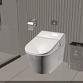 Modern Bathroom Interior With Smart Toilet Vertical Striped Wall Trash Bin And Light Tiles