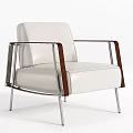Modern Leisure Chair With White Leather Upholstery Metal Frame And Wooden Armrests