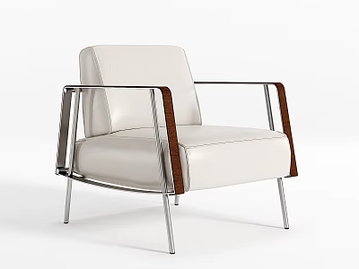 Modern Leisure Chair With White Leather Upholstery Metal Frame And Wooden Armrests 3d model
